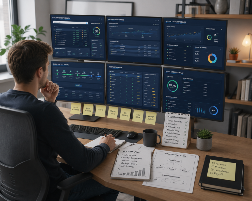 Professional planning workflow for improving domain backorder success using research, domain analysis, and strategic monitoring