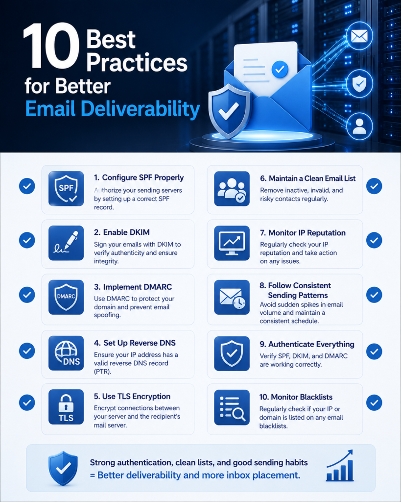 Checklist of email deliverability best practices including SPF DKIM DMARC DNS and sender reputation monitoring