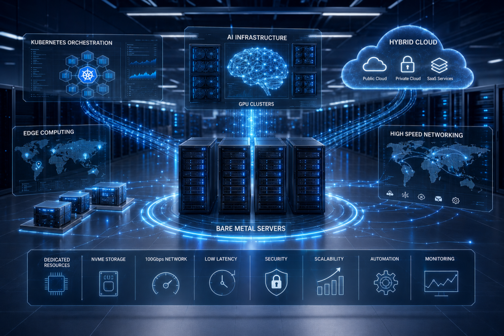 Future of bare metal hosting with AI infrastructure, GPU servers, Kubernetes clusters, hybrid cloud, and enterprise networking