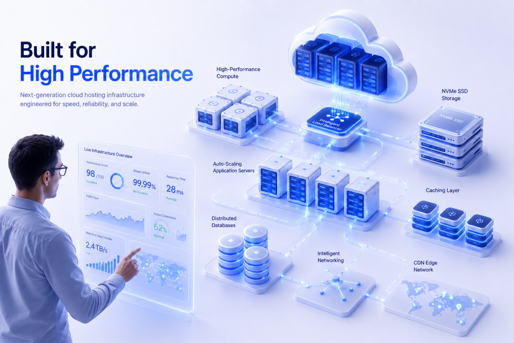 High-performance cloud hosting infrastructure with NVMe SSD storage, scalable compute resources, and intelligent networking