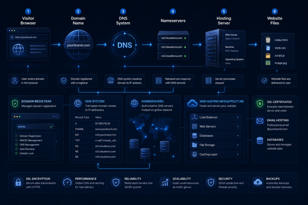 Diagram showing how domain names DNS and hosting infrastructure work together