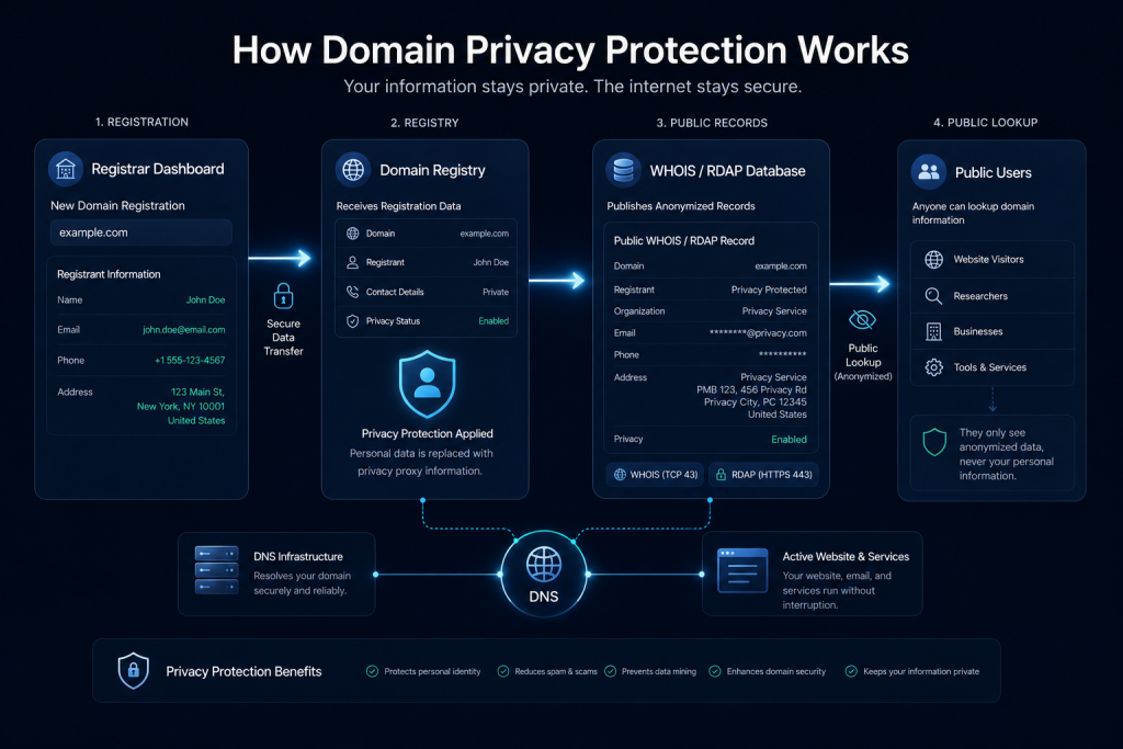 Diagram showing how domain privacy protection masks WHOIS and RDAP records