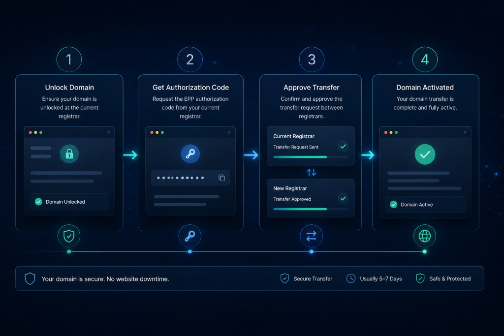 Step-by-step domain transfer process including domain unlock, EPP code, and registrar approval