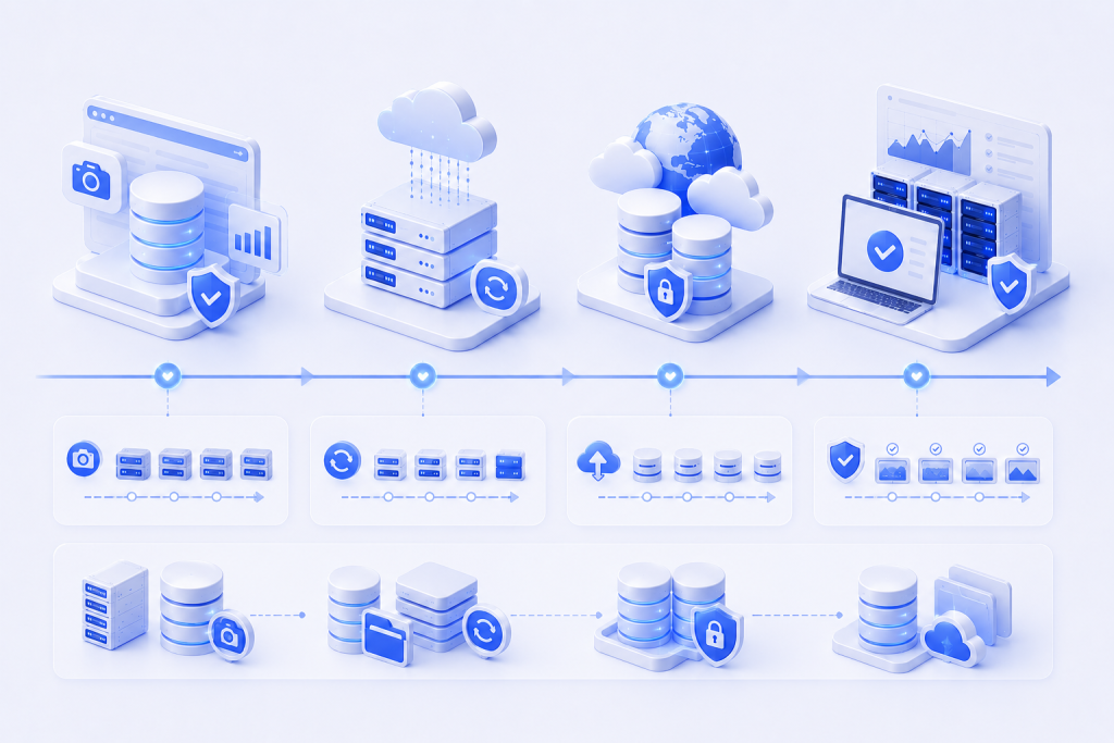 Layered cloud backup strategy combining snapshots with full backups for reliable recovery.