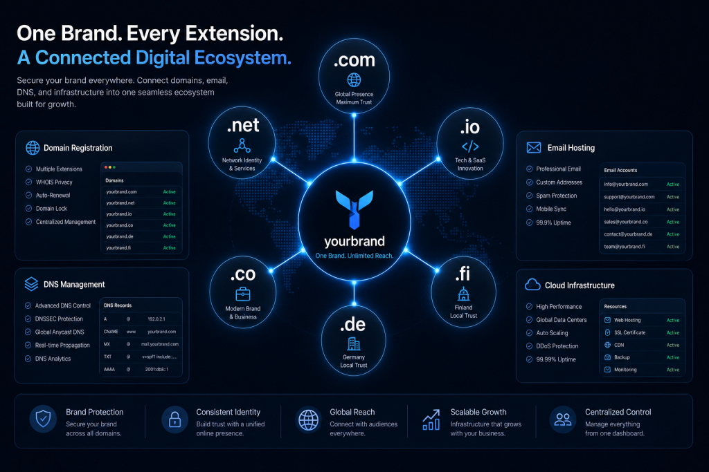 Business strategy for managing multiple domain extensions and protecting brands