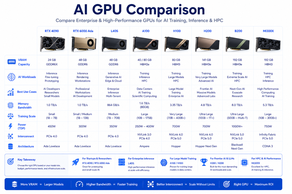 Comparison of enterprise AI GPUs by VRAM workload suitability and AI training performance