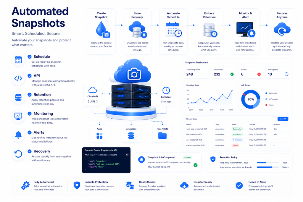 Automated cloud snapshot scheduling using APIs monitoring retention policies and recovery automation