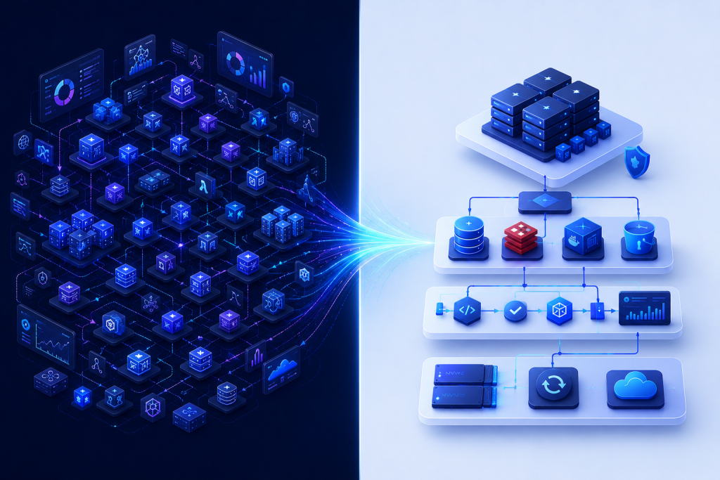 Comparison of complex AWS cloud architecture versus simplified VPS cloud hosting designed for SaaS startups with predictable infrastructure.