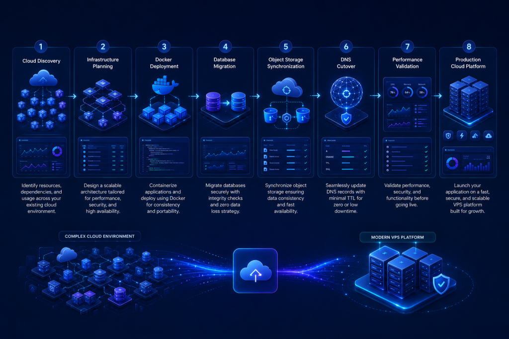 Cloud migration workflow from AWS to a simplified VPS infrastructure including Docker deployment, PostgreSQL migration, backups, DNS switching, and production deployment.