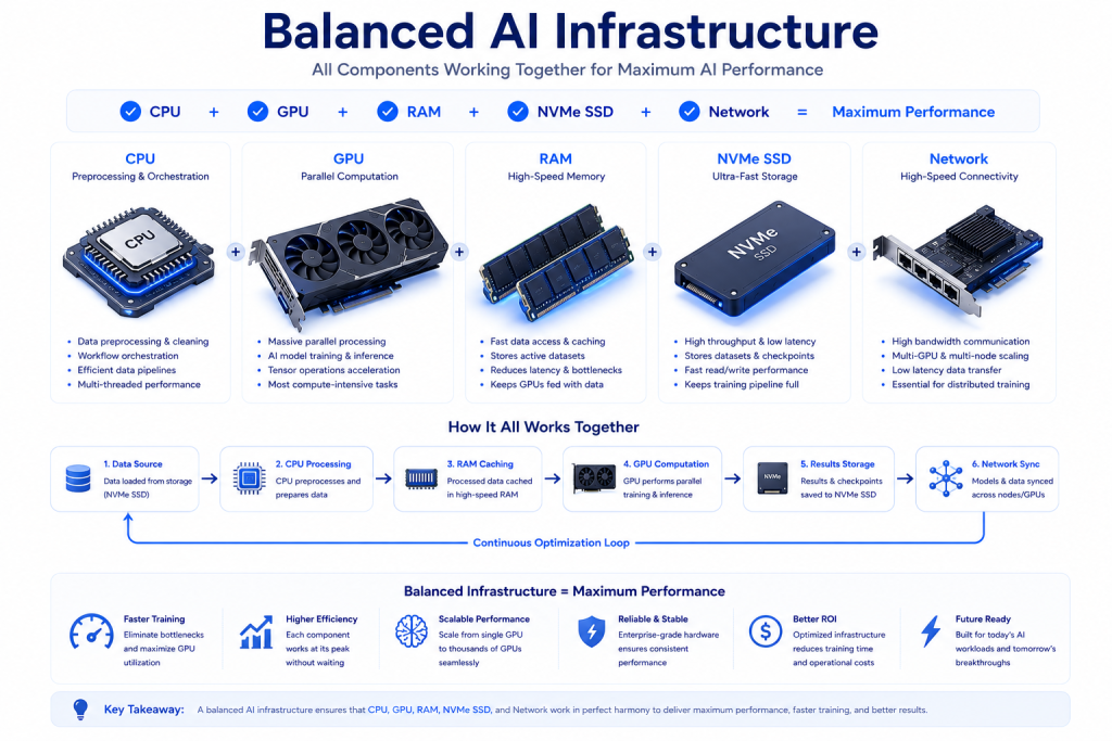 Balanced AI infrastructure showing CPU GPU RAM NVMe SSD and networking for efficient model training
