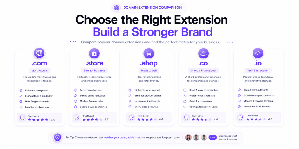 Comparison of popular ecommerce domain extensions including .com .store .shop .co and .io