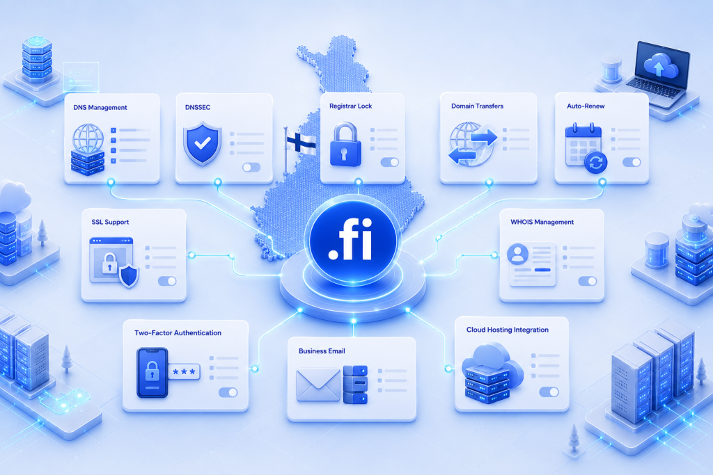 Illustration comparing important features to consider when choosing a .fi domain registrar in Finland.