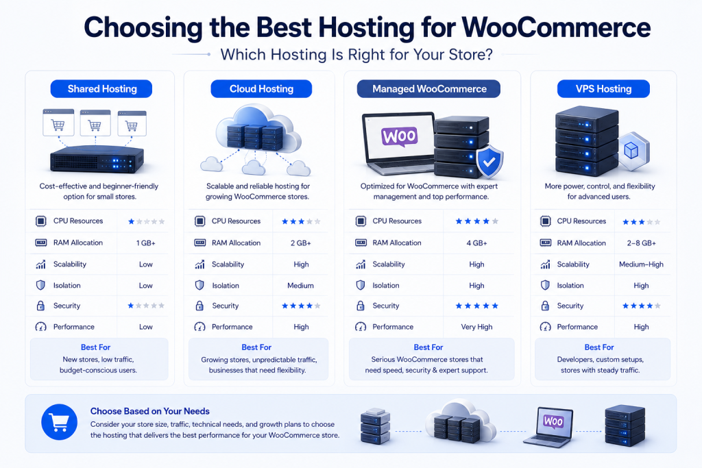 Comparison of shared cloud managed WooCommerce and VPS hosting for online stores