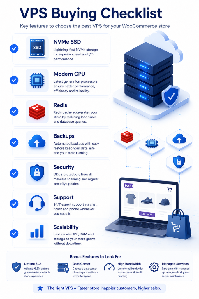 Checklist for choosing the best VPS provider for WooCommerce with NVMe SSD Redis backups scalability and support
