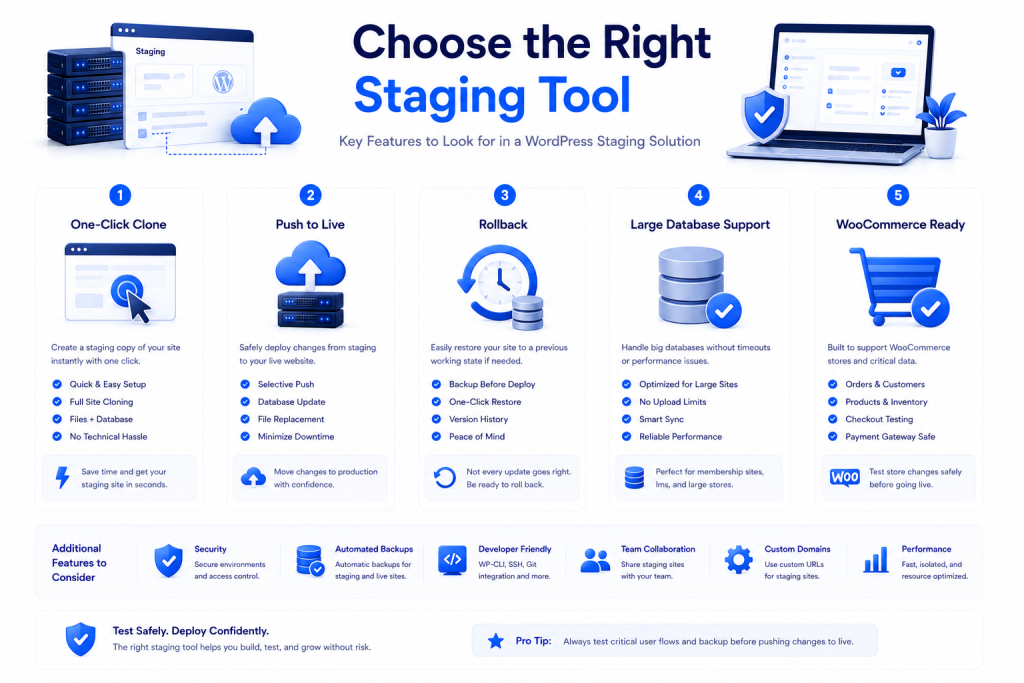 Checklist for choosing the best WordPress staging plugin with cloning deployment rollback and WooCommerce support