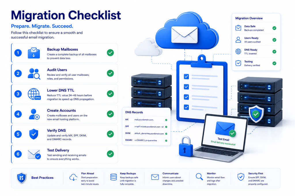 Business email migration checklist including backups DNS planning mailbox audit account creation and testing