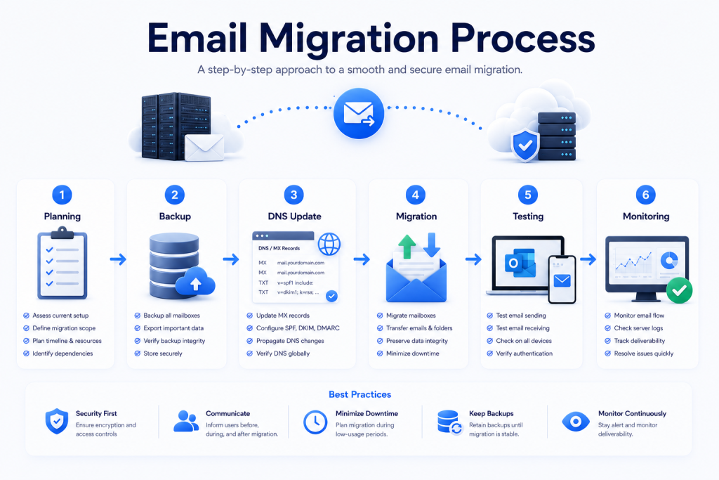 Business email migration process showing backup DNS updates mailbox migration testing and monitoring