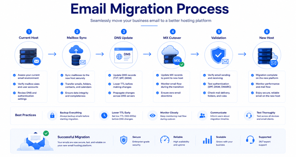 Business email migration workflow showing mailbox sync DNS updates MX cutover validation and new email host