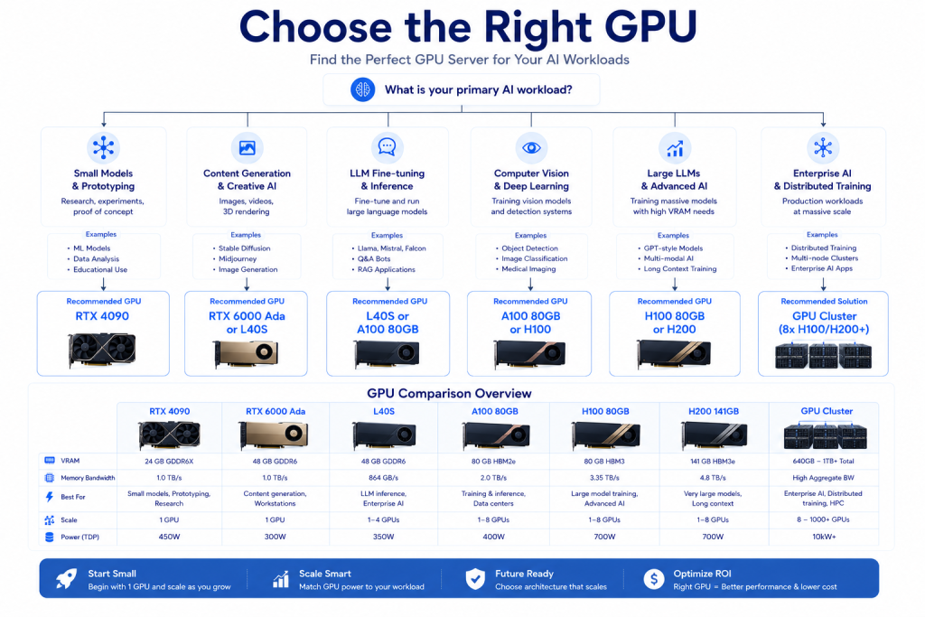 Decision tree for choosing GPU servers based on AI workload machine learning LLMs computer vision and generative AI