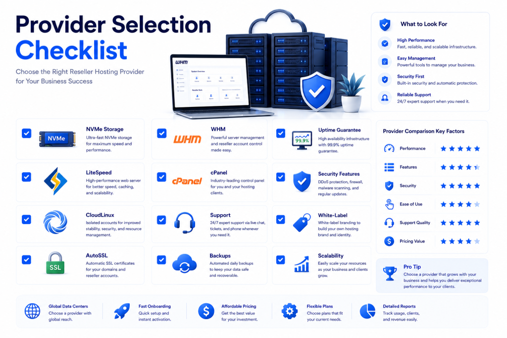 Checklist for choosing a reseller hosting provider with NVMe LiteSpeed CloudLinux AutoSSL WHM and cPanel