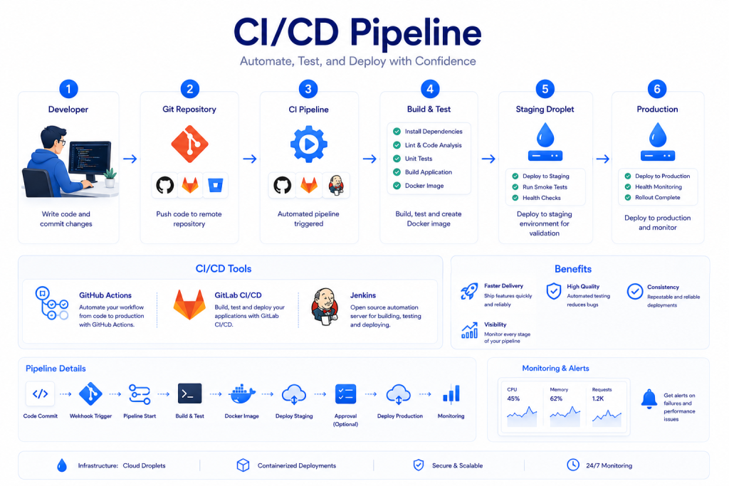 CI CD pipeline with cloud droplets showing Git repositories build testing staging deployment and production release