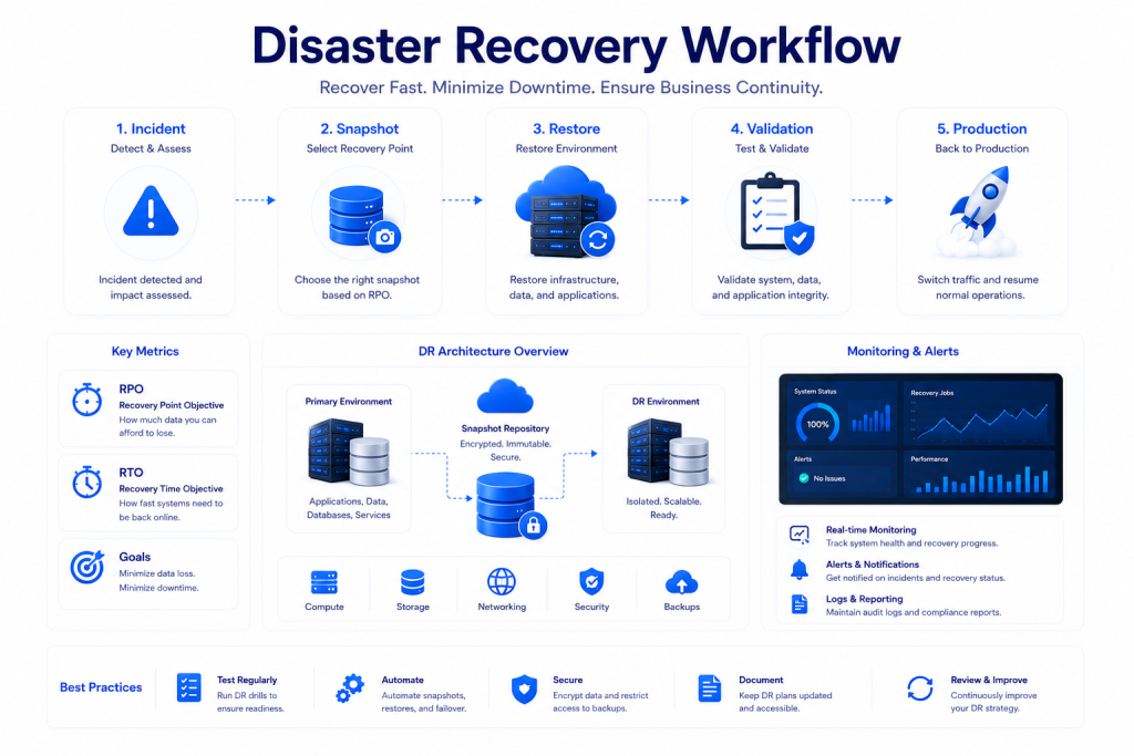 Cloud disaster recovery workflow showing incident response snapshot restore validation RPO RTO and production recovery