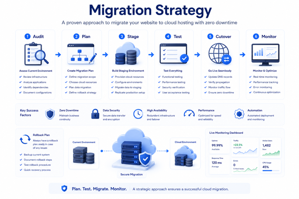 Cloud migration strategy showing infrastructure audit planning staging testing DNS cutover and monitoring