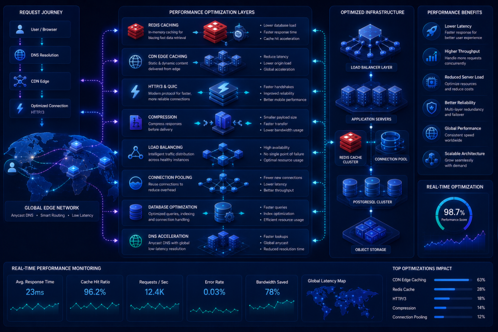 Cloud performance optimization with Redis, PostgreSQL, CDN, HTTP/3, DNS, and load balancing.