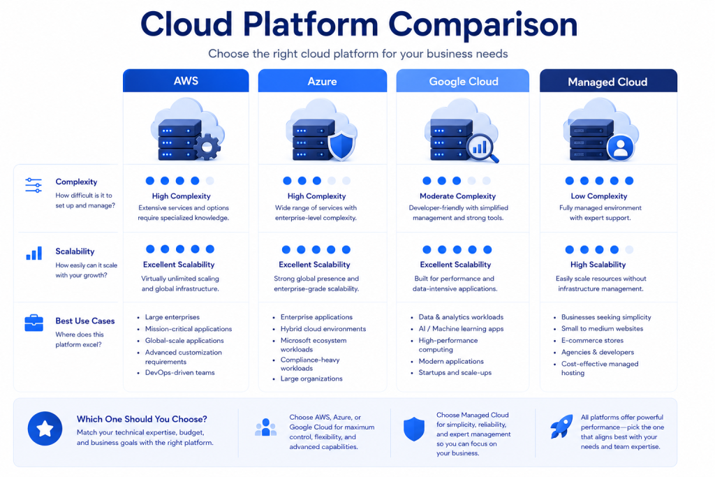 Comparison of cloud hosting platforms showing scalability operational complexity and website migration use cases