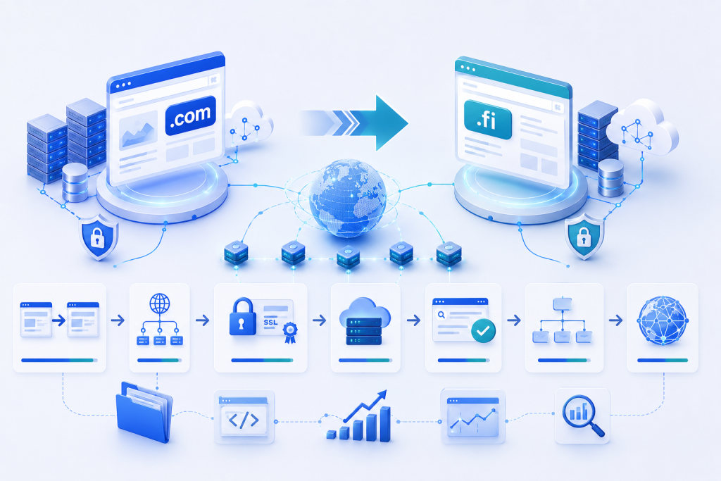 Website migration process from .com to .fi domain including DNS, redirects, SSL, and search engine optimization.