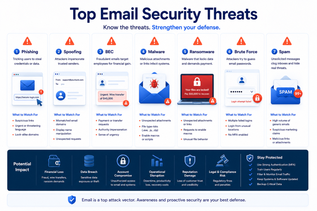 Common email hosting security threats including phishing spoofing ransomware brute force attacks and malware