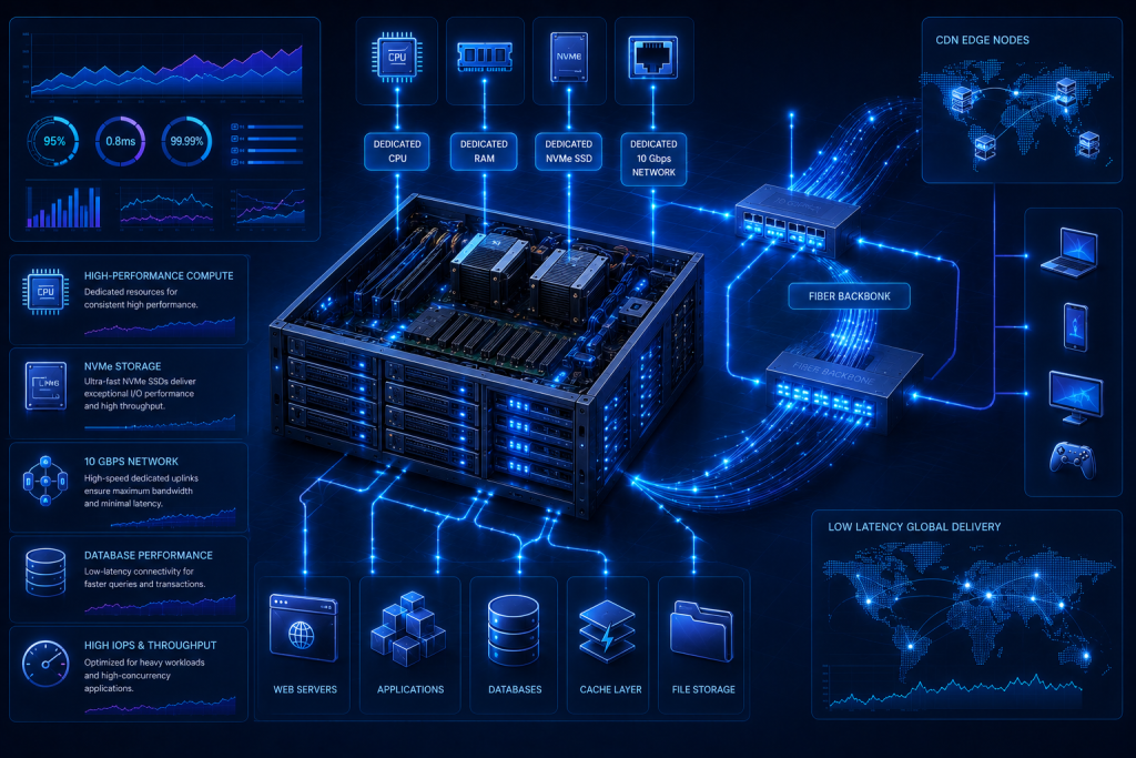 Dedicated server infrastructure with NVMe storage, enterprise networking, CDN connectivity, and low-latency performance.
