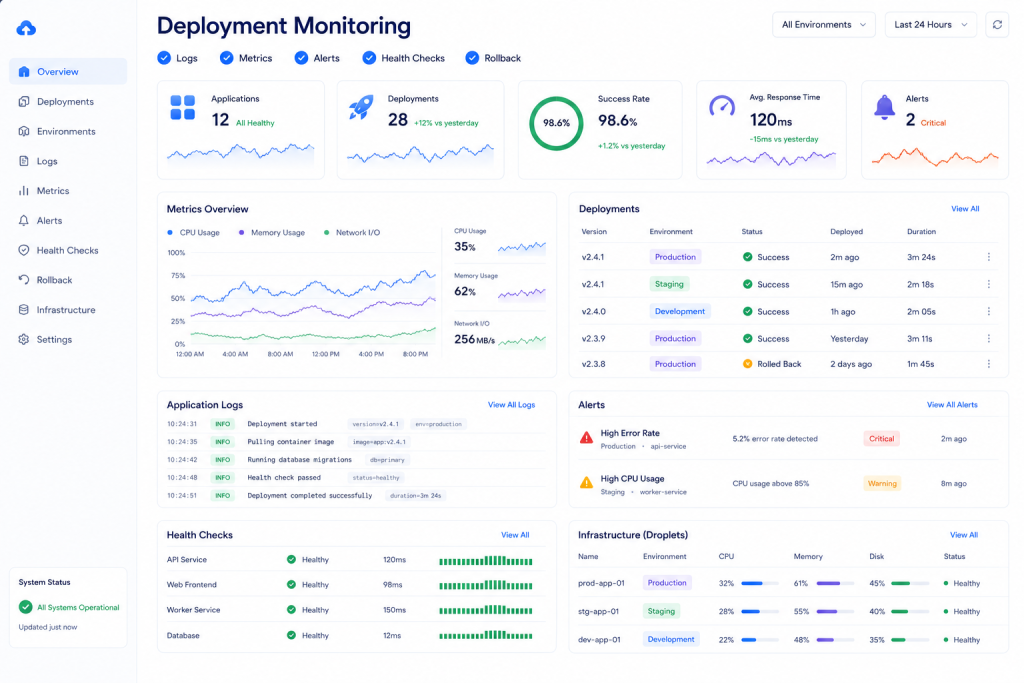Deployment monitoring dashboard showing logs metrics alerts health checks and rollback monitoring for cloud droplets
