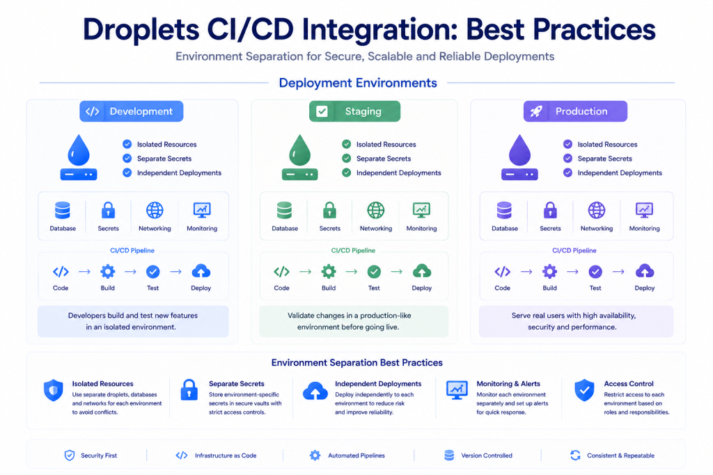 Development staging and production environments using cloud droplets for secure CI CD workflows