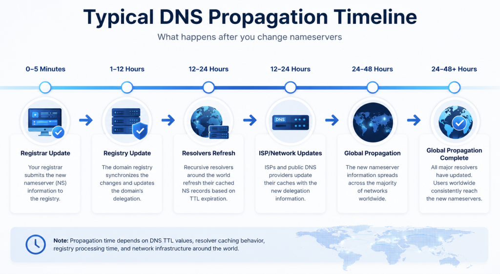 DNS propagation timeline showing registrar updates resolver cache refresh and global DNS synchronization