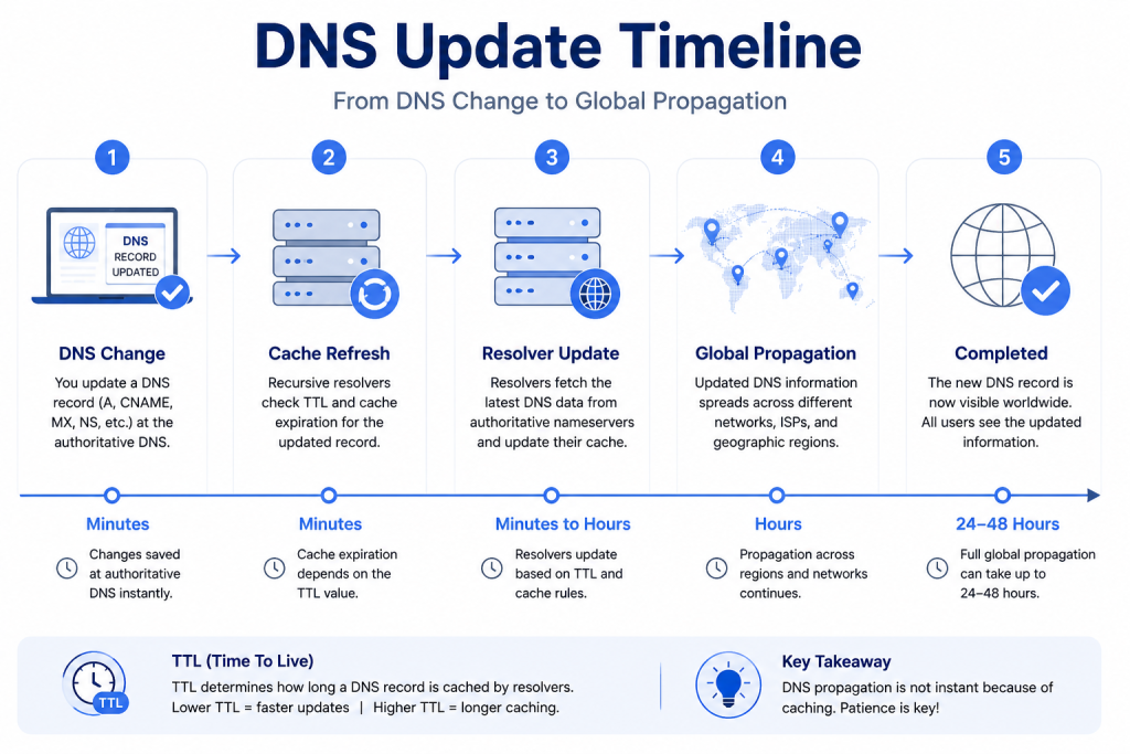 DNS propagation timeline showing TTL cache refresh resolver updates and global DNS synchronization