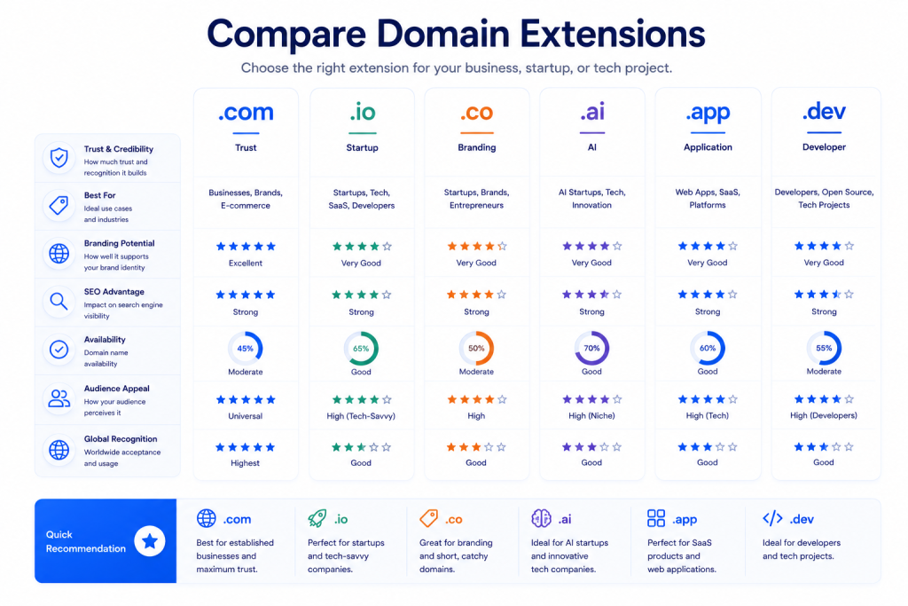 Comparison of .com .io .co .ai .app and .dev domain extensions for businesses and startups