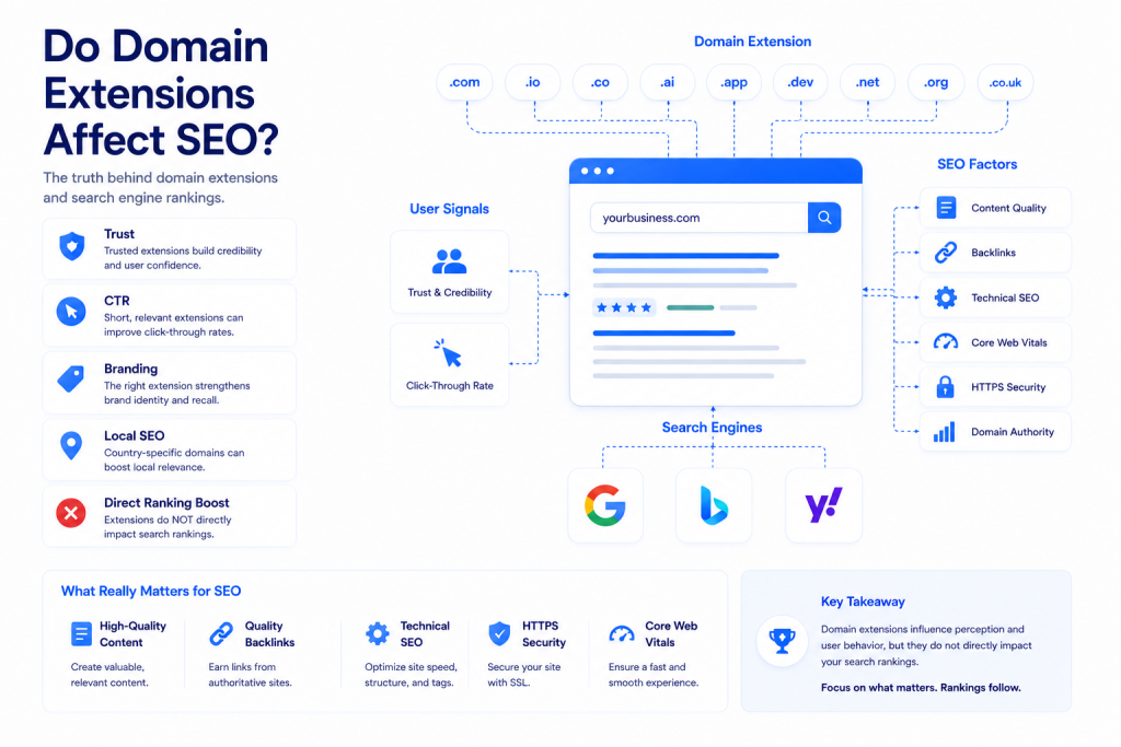 SEO impact of domain extensions showing trust click through rate branding local SEO and search visibility