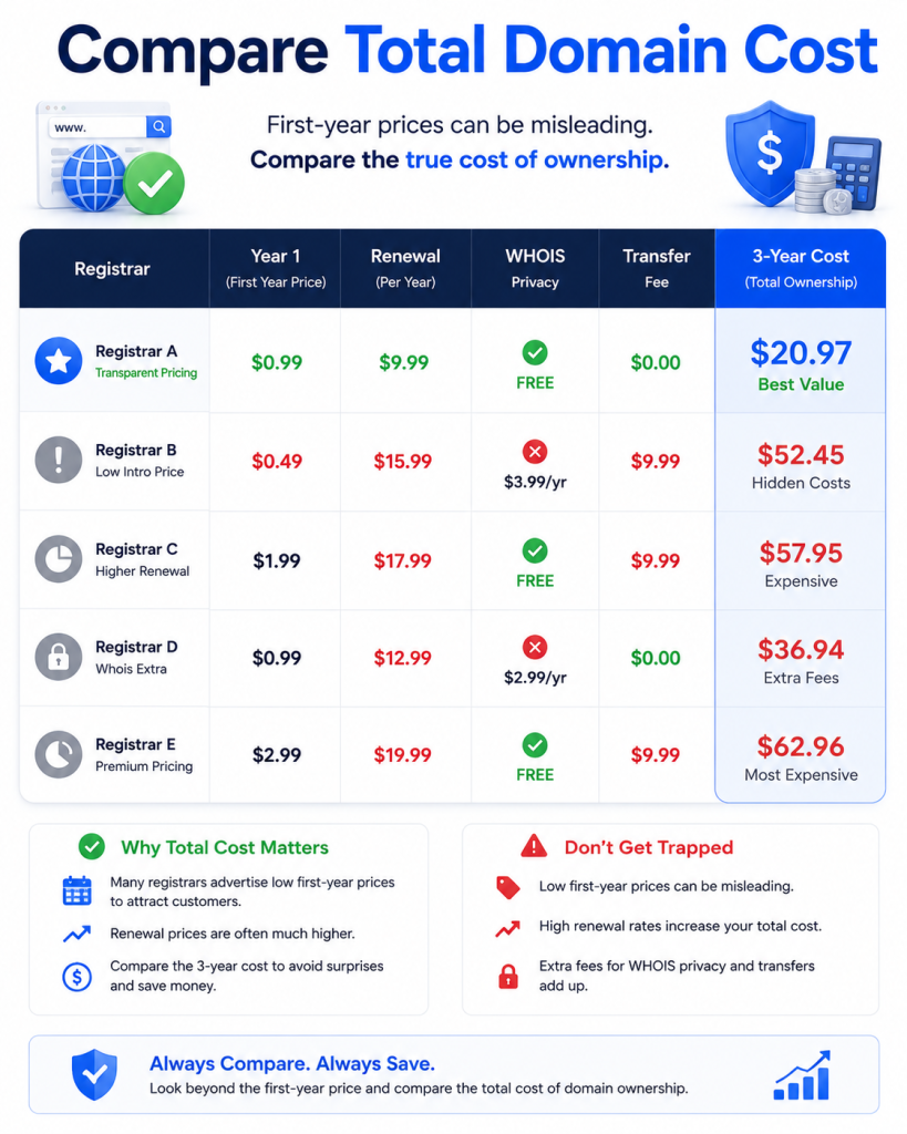Domain registration comparison showing first year pricing renewal fees and total ownership cost