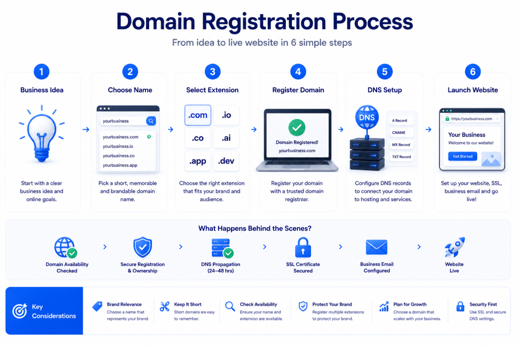 Domain registration process showing business name selection domain extension DNS setup SSL and website launch