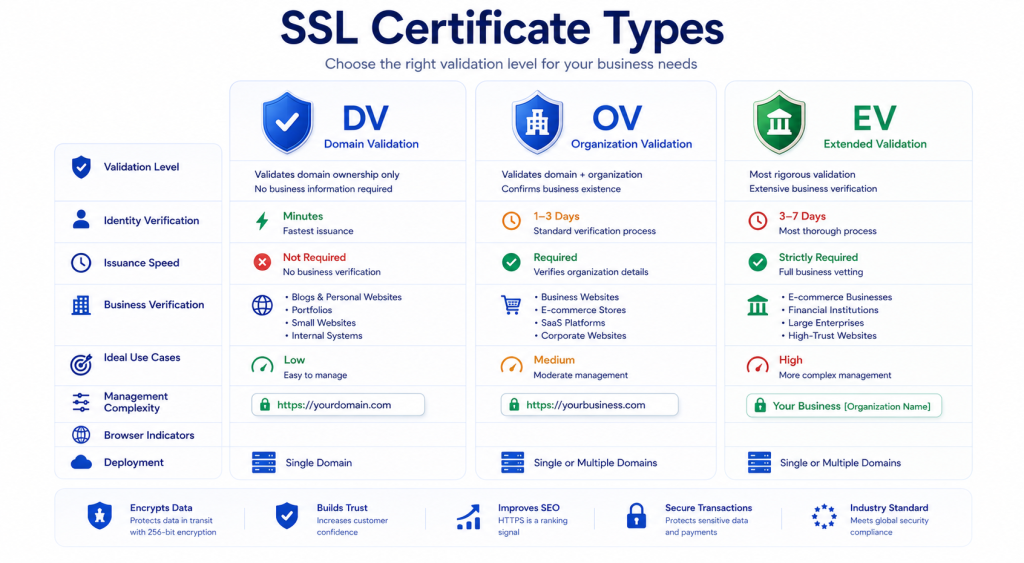 Comparison of DV OV and EV SSL certificates showing validation levels verification process and business use cases