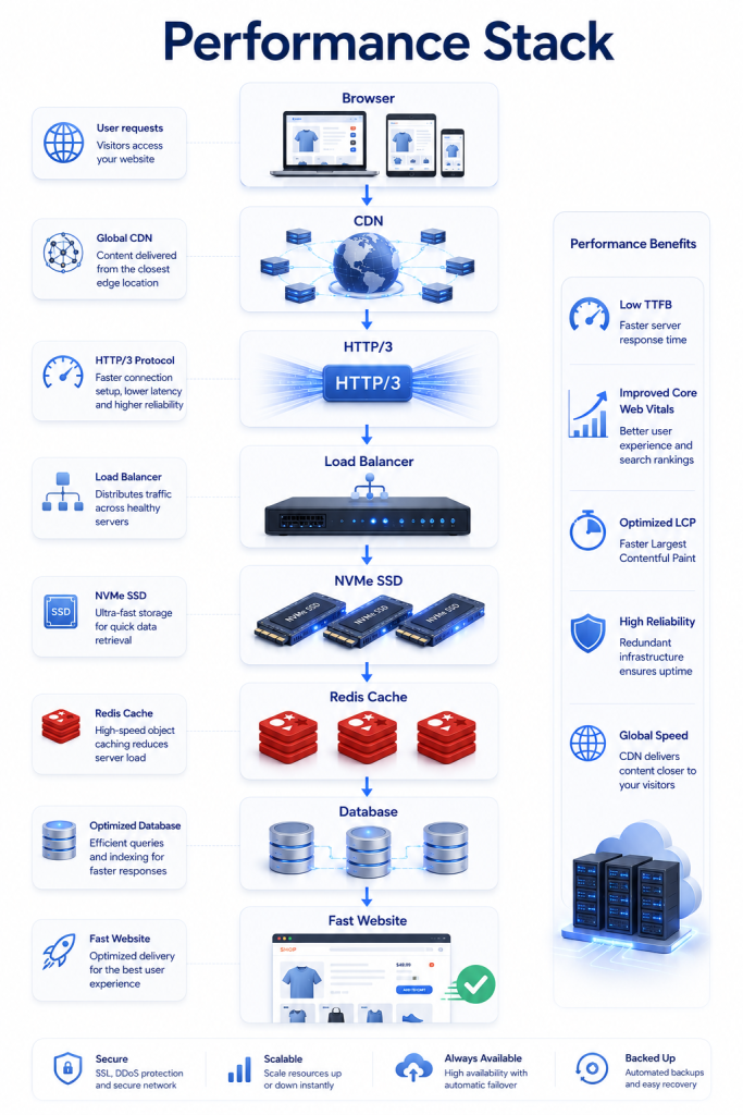 Cloud hosting performance stack showing CDN, Redis cache, NVMe SSD storage, HTTP/3, and optimized ecommerce infrastructure.