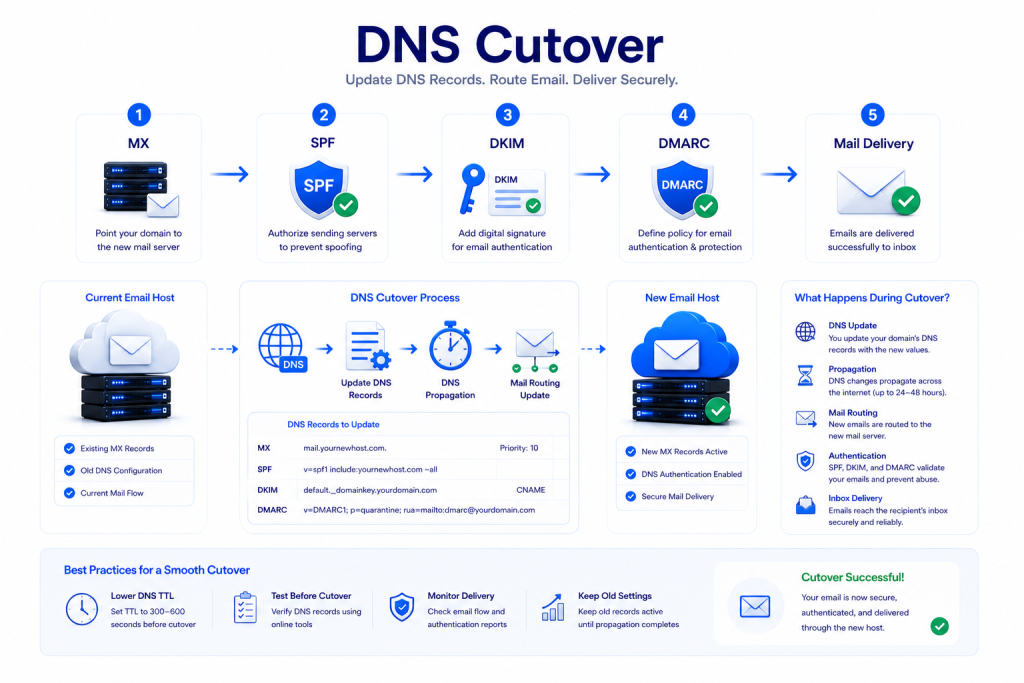 Email DNS cutover process showing MX SPF DKIM DMARC configuration and secure mail delivery