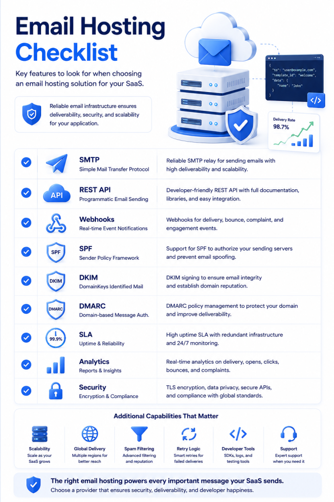 Checklist for choosing an email hosting provider with SMTP API security analytics and scalability features