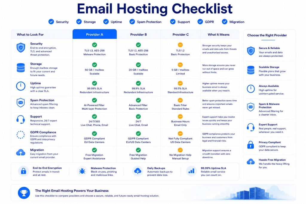 Checklist for choosing an email hosting provider with security uptime storage migration and GDPR support