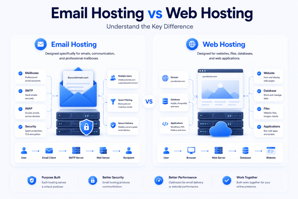 Comparison of email hosting and web hosting showing differences between mail servers websites databases and business email services