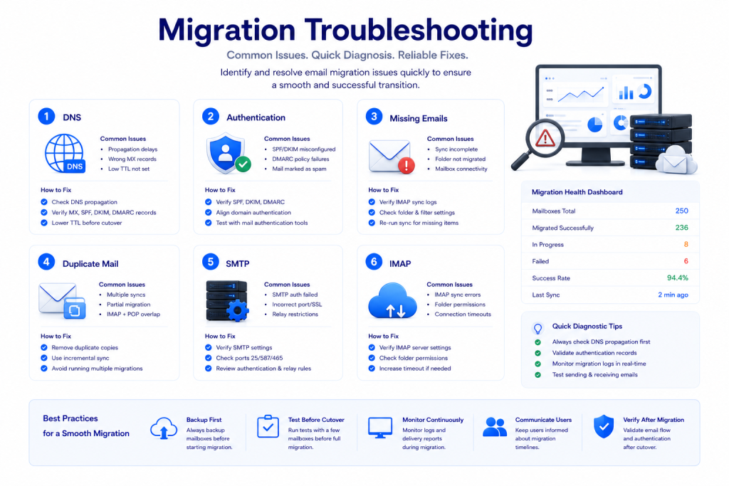 Email migration troubleshooting showing DNS authentication IMAP SMTP missing emails and synchronization issues
