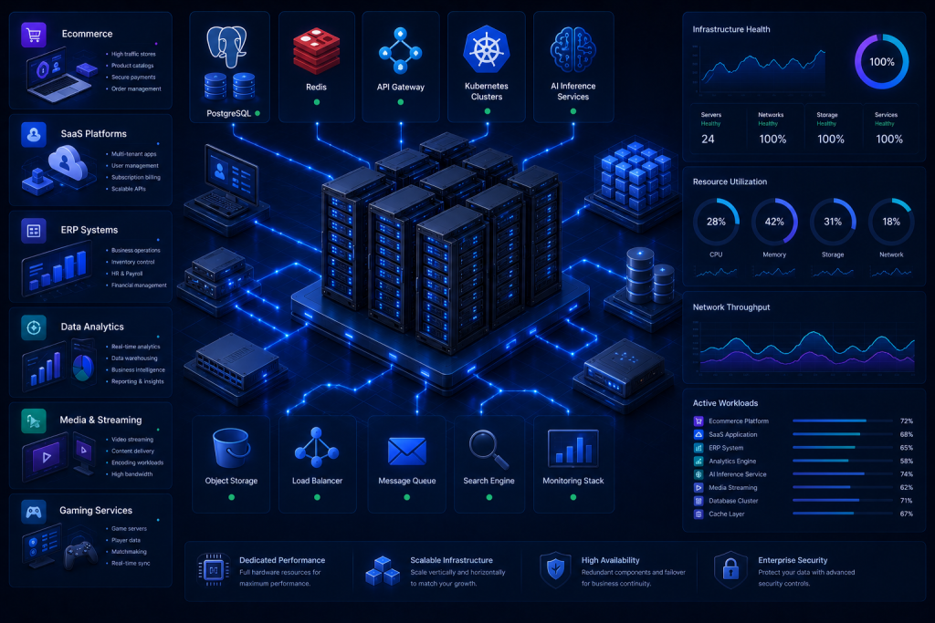 Enterprise workloads including ecommerce, SaaS, databases, Kubernetes, and AI services running on dedicated servers.