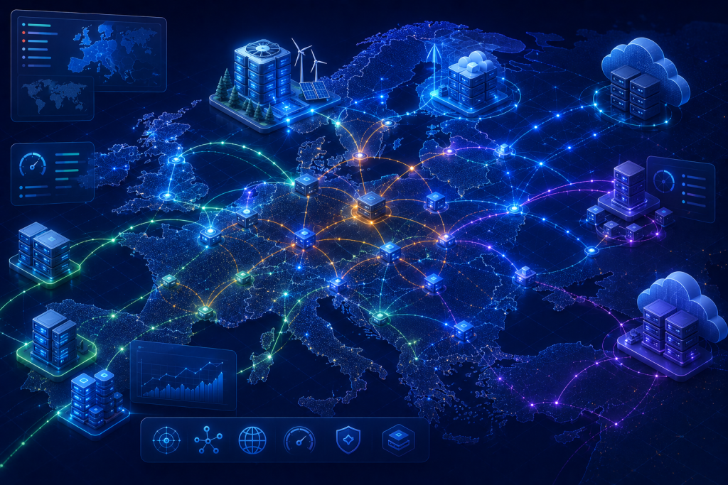Illustration showing network latency and CDN connectivity between Finland, Germany, and European hosting infrastructure.