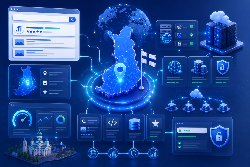 Illustration showing how a .fi domain improves local SEO, search visibility, and website performance in Finland.
